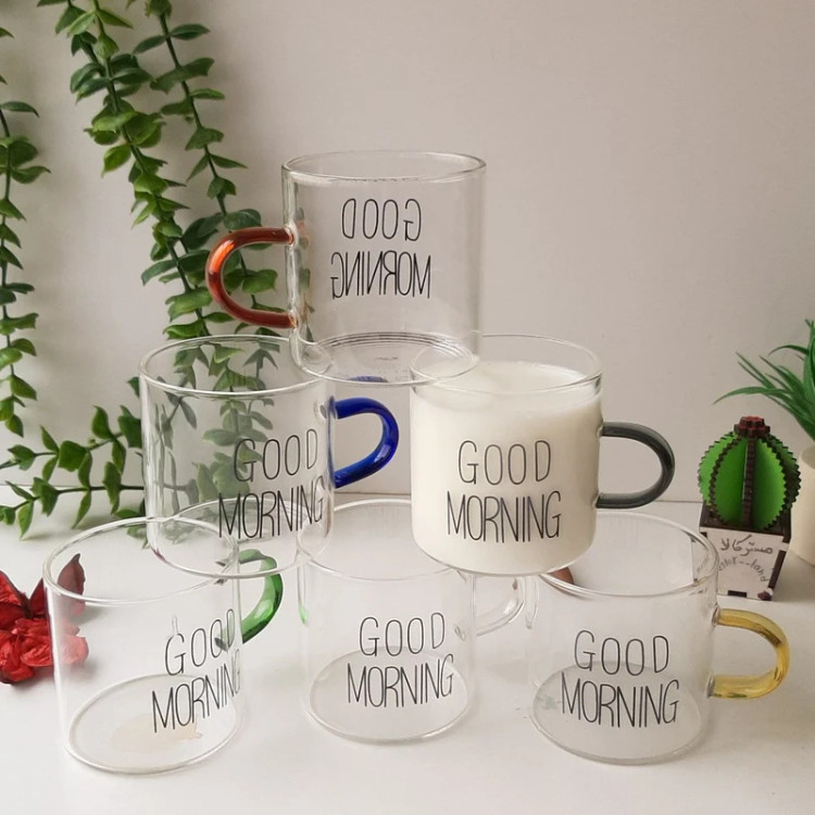 فنجان گود مورنینگ دسته رنگی ۶ عددی