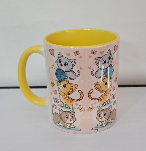 ماگ سرامیکی طرح گربه دسته و داخل زرد